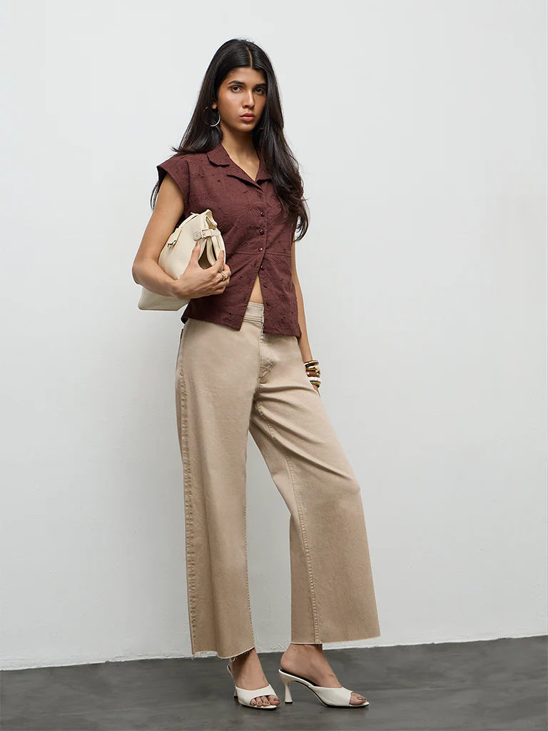 LOV Dark Brown Floral Embroidered Cotton Blouse - Image 2
