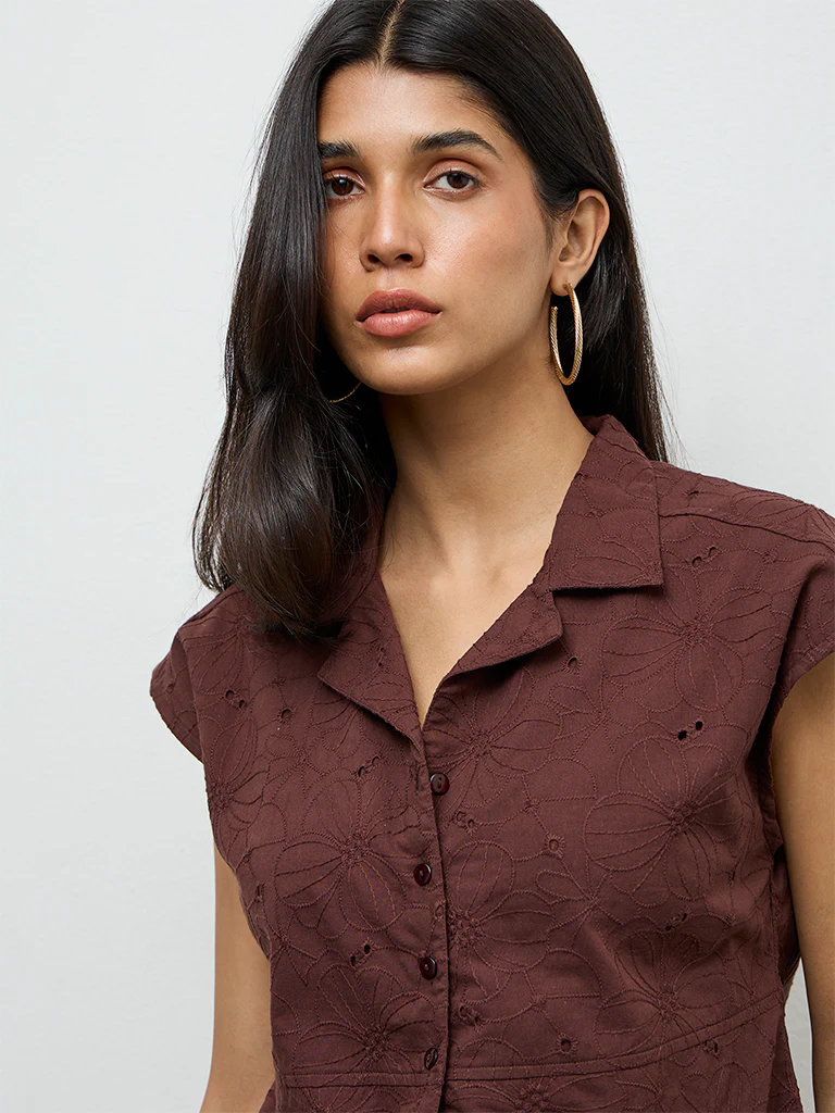 LOV Dark Brown Floral Embroidered Cotton Blouse - Image 3