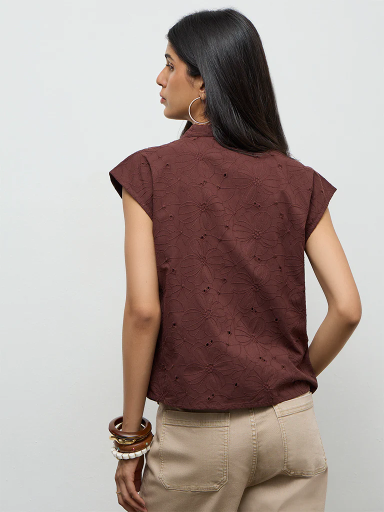 LOV Dark Brown Floral Embroidered Cotton Blouse - Image 4