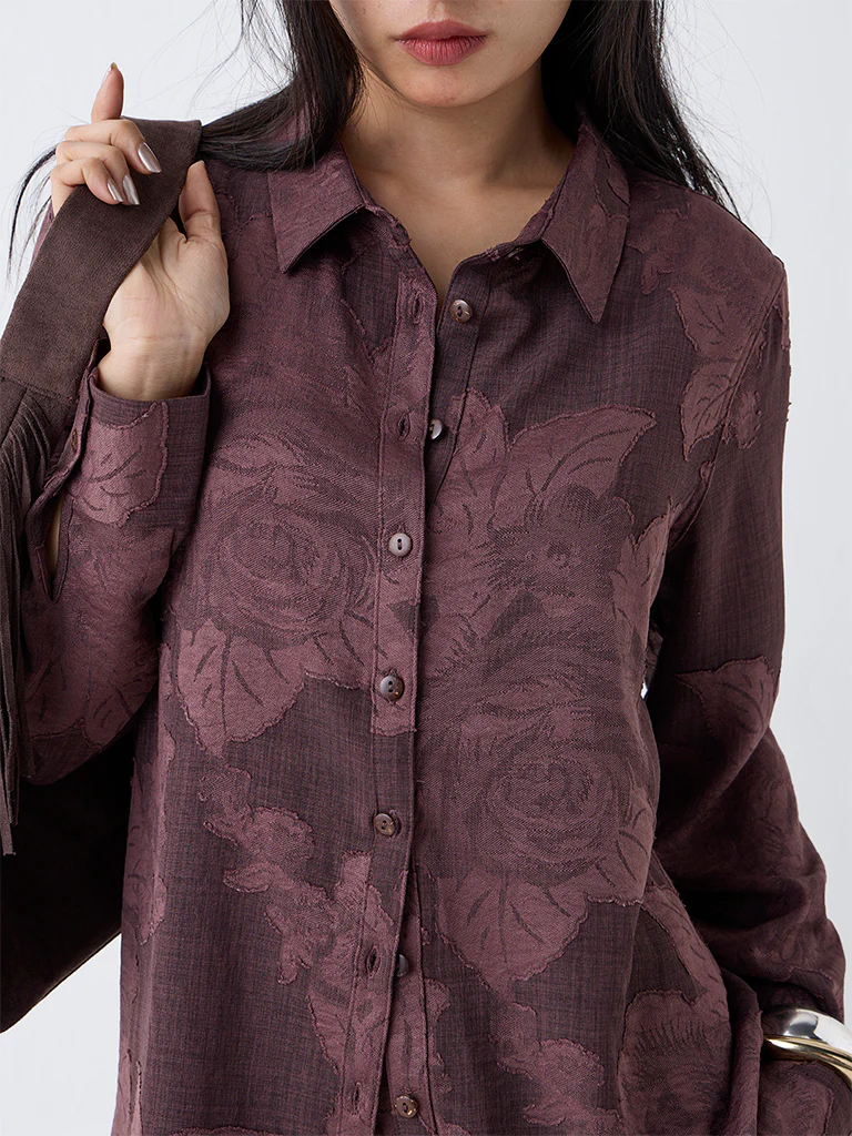 LOV Dark Brown Floral Pattern Shirt - Image 3