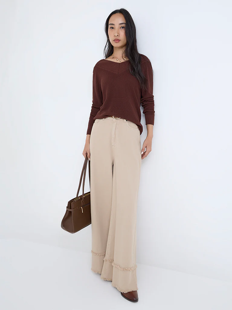 LOV Dark Brown Knit-Textured Top