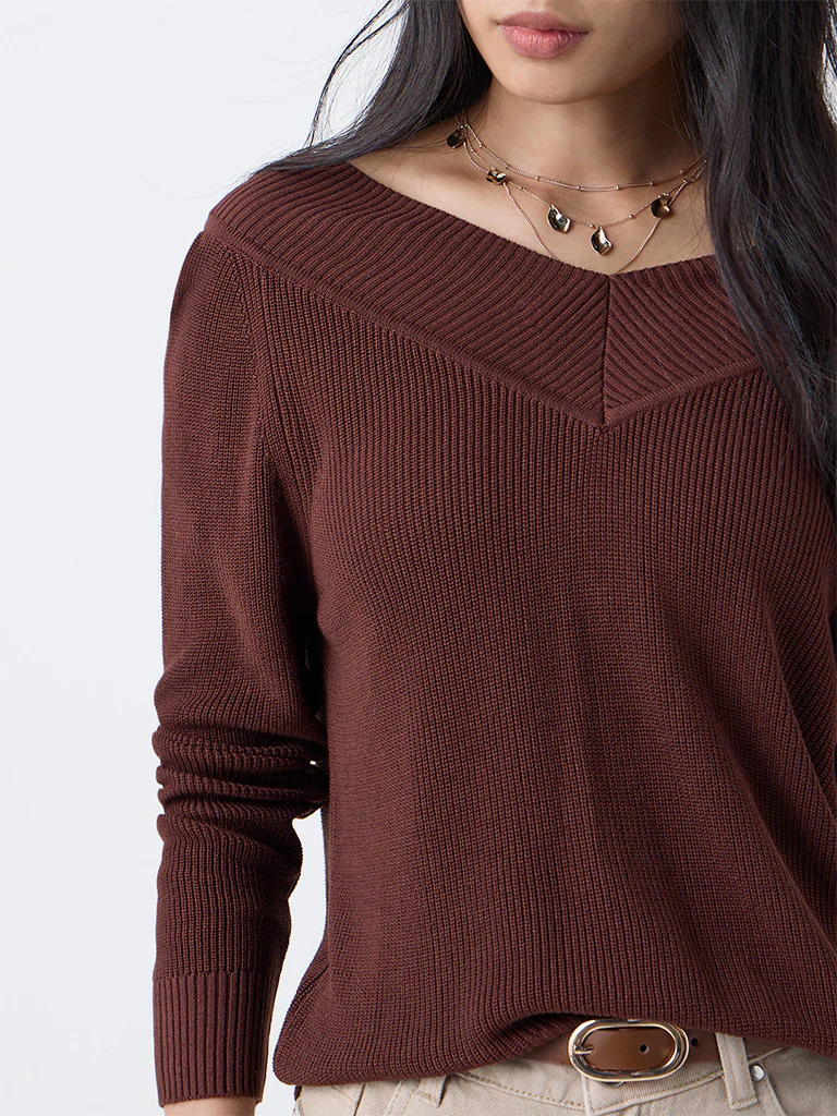 LOV Dark Brown Knit-Textured Top - Image 3