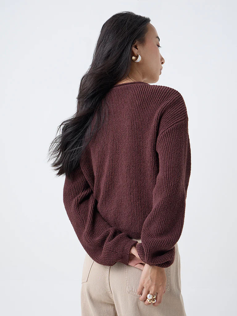 LOV Dark Brown Knitted Cotton-Blend Cardigan - Image 4