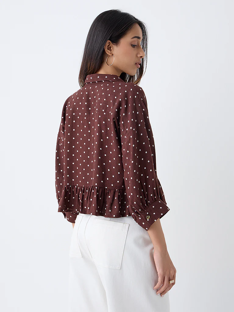 LOV Dark Brown Polka Dotted Peplum Top - Image 4