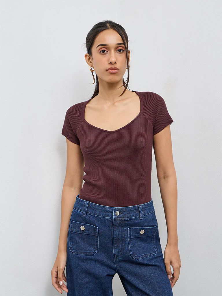 LOV Dark Brown Ribbed-Textured Top