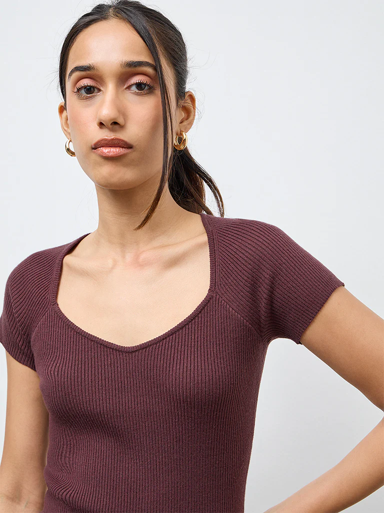 LOV Dark Brown Ribbed-Textured Top - Image 3