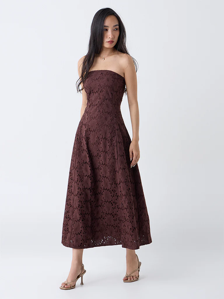 LOV Dark Brown Schiffli Design Cotton Tube A-Line Dress - Image 2