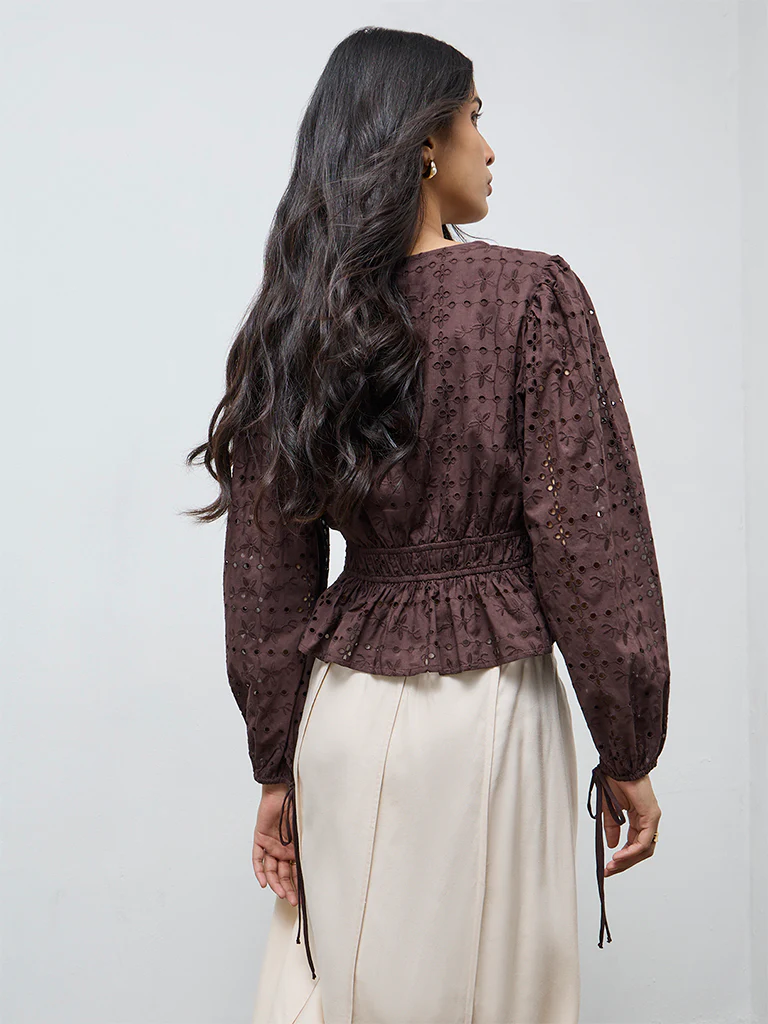 LOV Dark Brown Schiffli Embroidered Cotton Peplum Top - Image 4