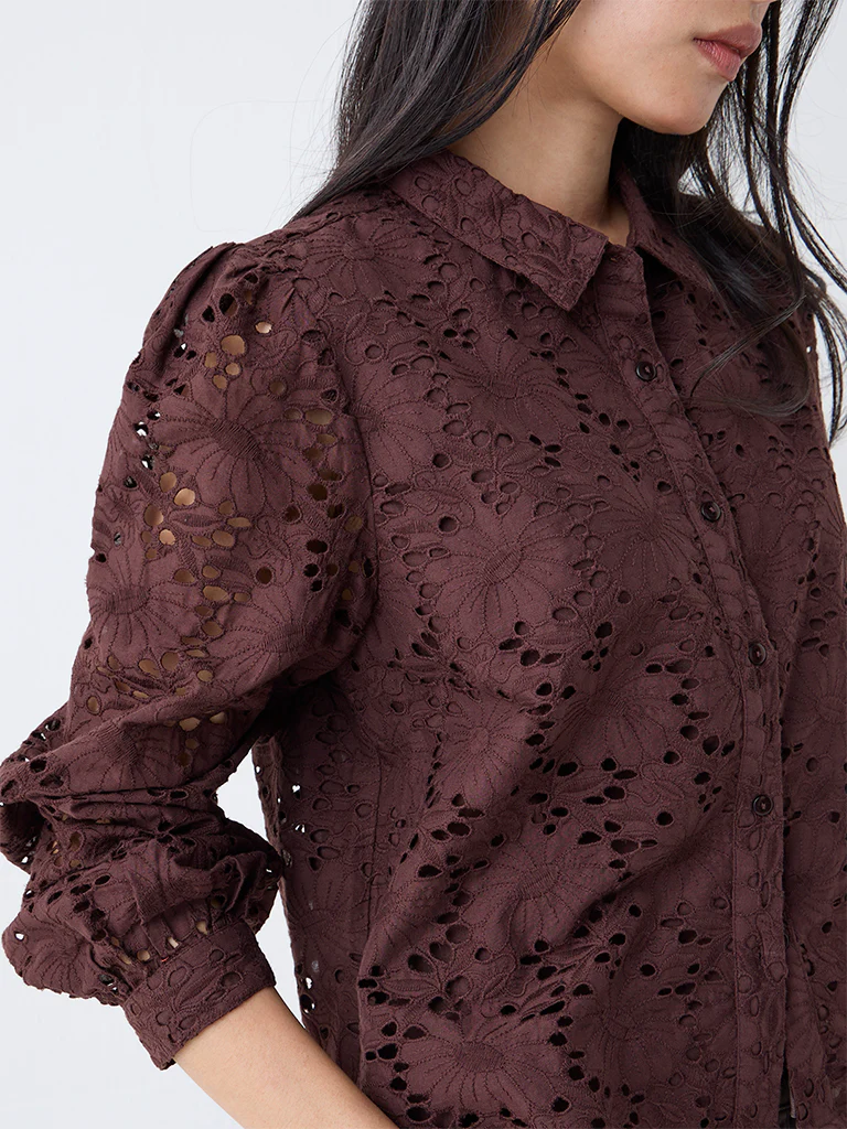 LOV Dark Brown Schiffli Embroidered Cotton Shirt - Image 3
