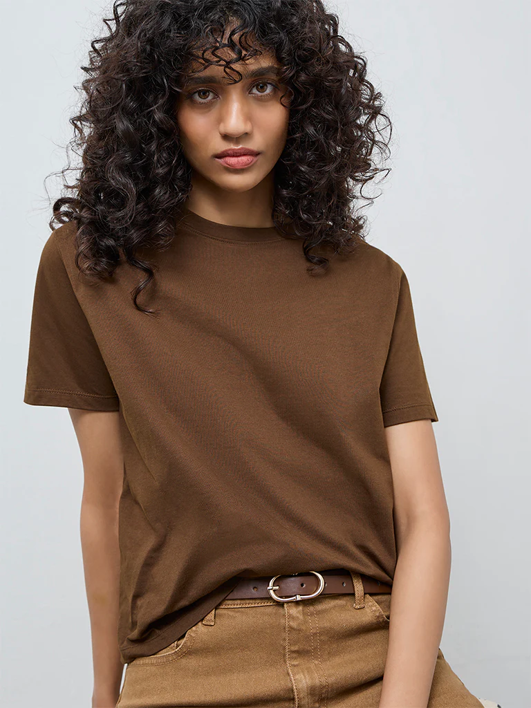 LOV Dark Brown Solid Cotton T-Shirt - Image 2