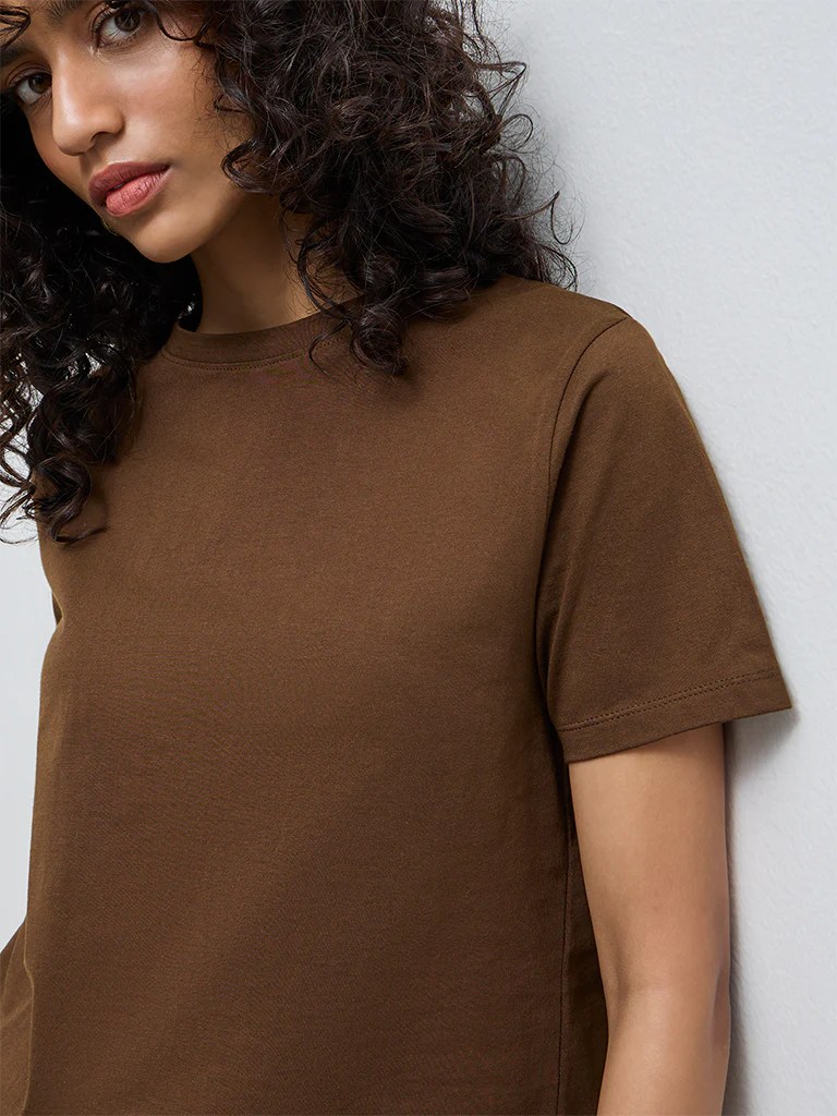 LOV Dark Brown Solid Cotton T-Shirt - Image 3