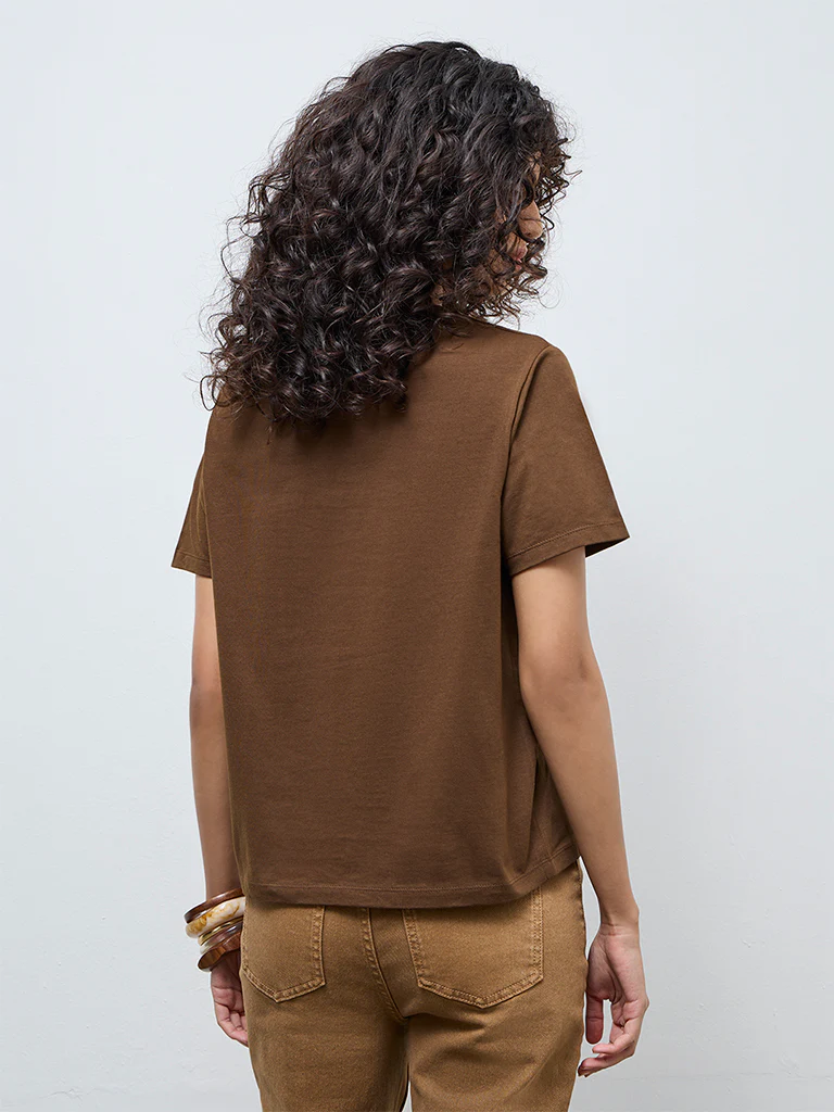 LOV Dark Brown Solid Cotton T-Shirt - Image 4