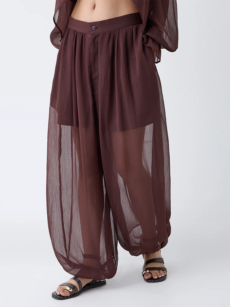 LOV Dark Brown Textured High-Rise Harem-Style Pants - Image 2