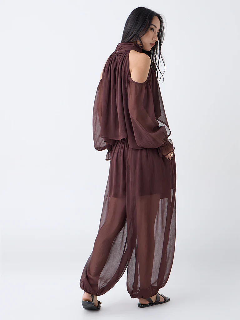 LOV Dark Brown Textured High-Rise Harem-Style Pants - Image 4