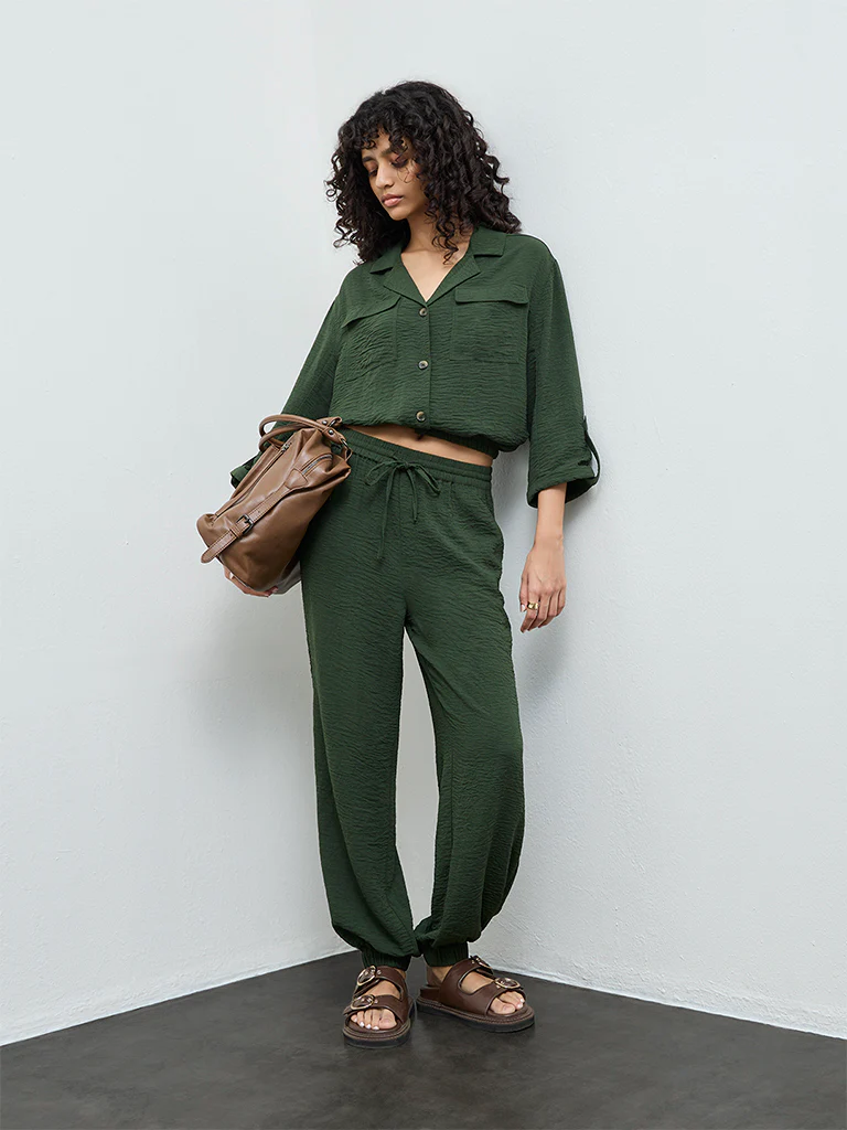 LOV Dark Green Crinkle-Textured Blouse - Image 2