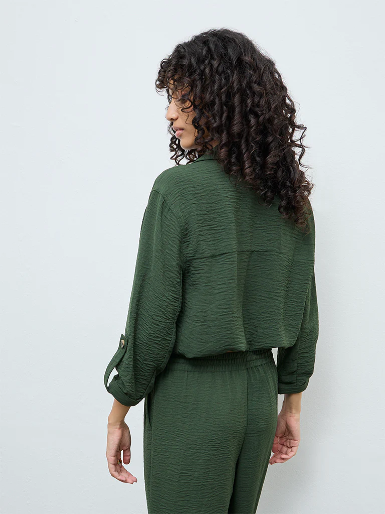 LOV Dark Green Crinkle-Textured Blouse - Image 4