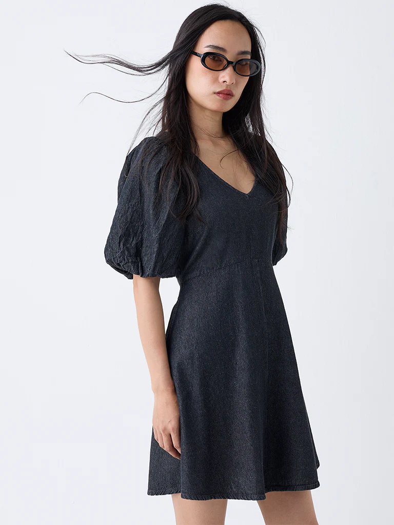 LOV Dark Grey Solid Denim A-Line Dress - Image 2