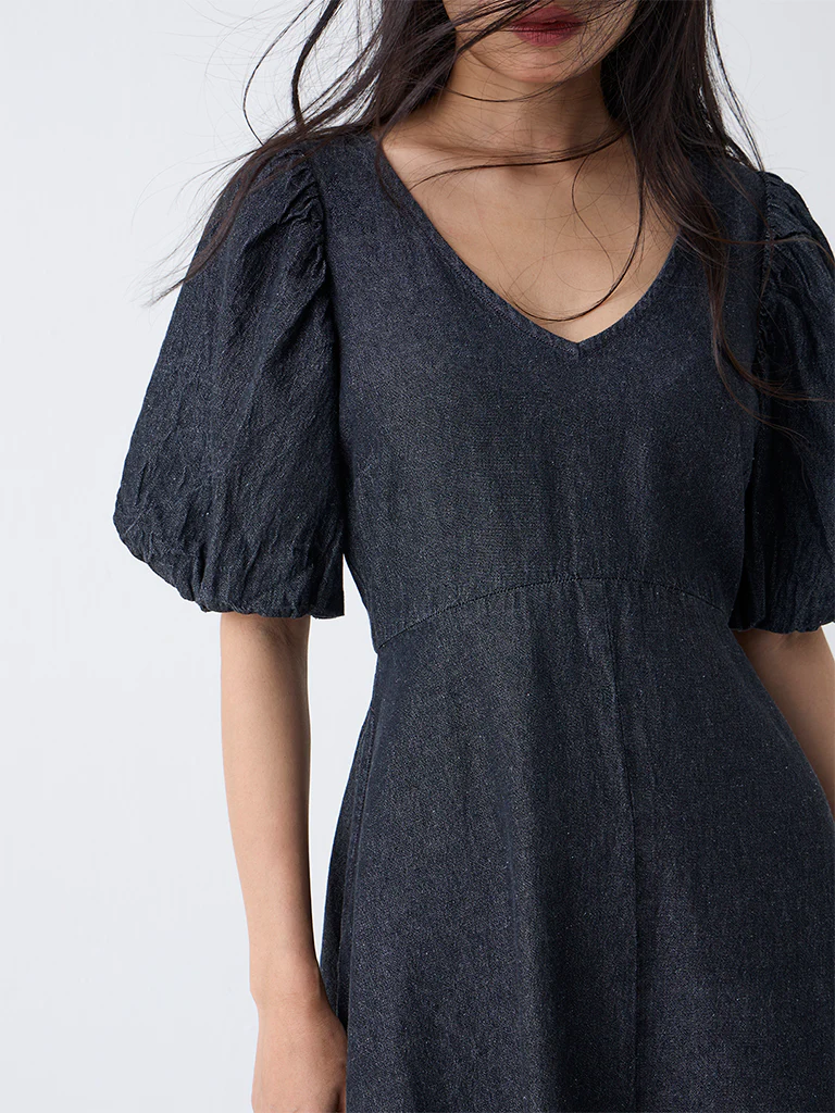 LOV Dark Grey Solid Denim A-Line Dress - Image 3