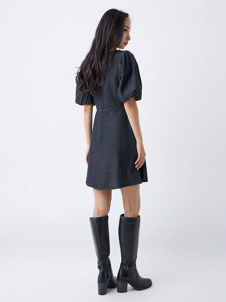 LOV Dark Grey Solid Denim A-Line Dress - Image 4