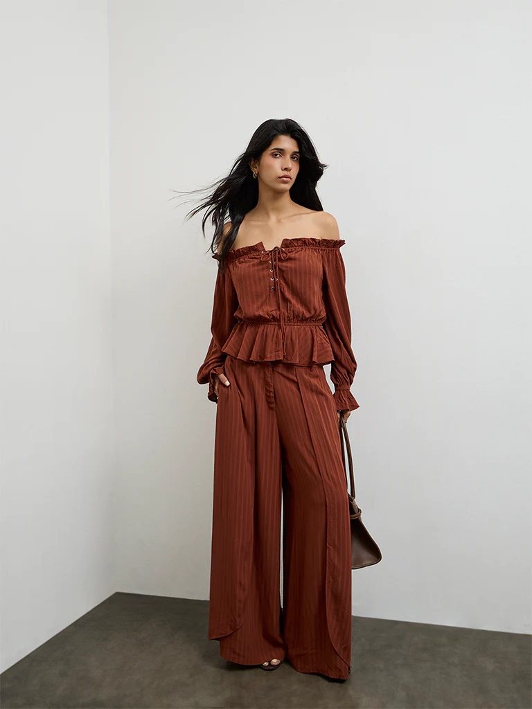 LOV Dark Rust Off-Shoulder Tie-Up Blouse