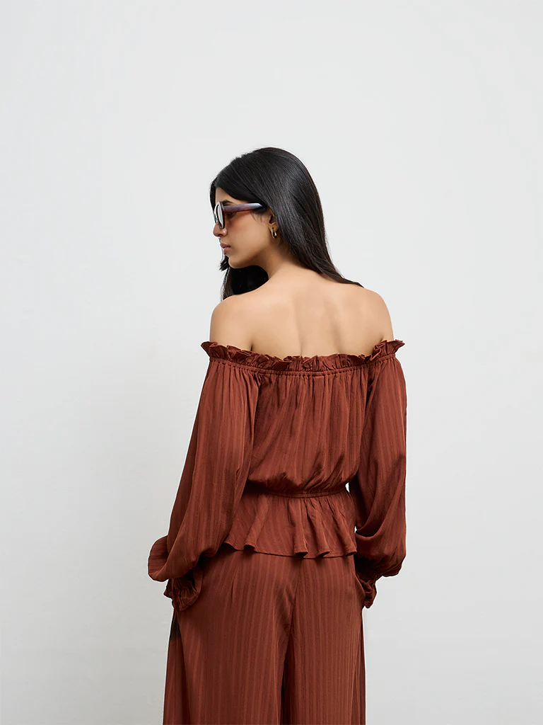 LOV Dark Rust Off-Shoulder Tie-Up Blouse - Image 4