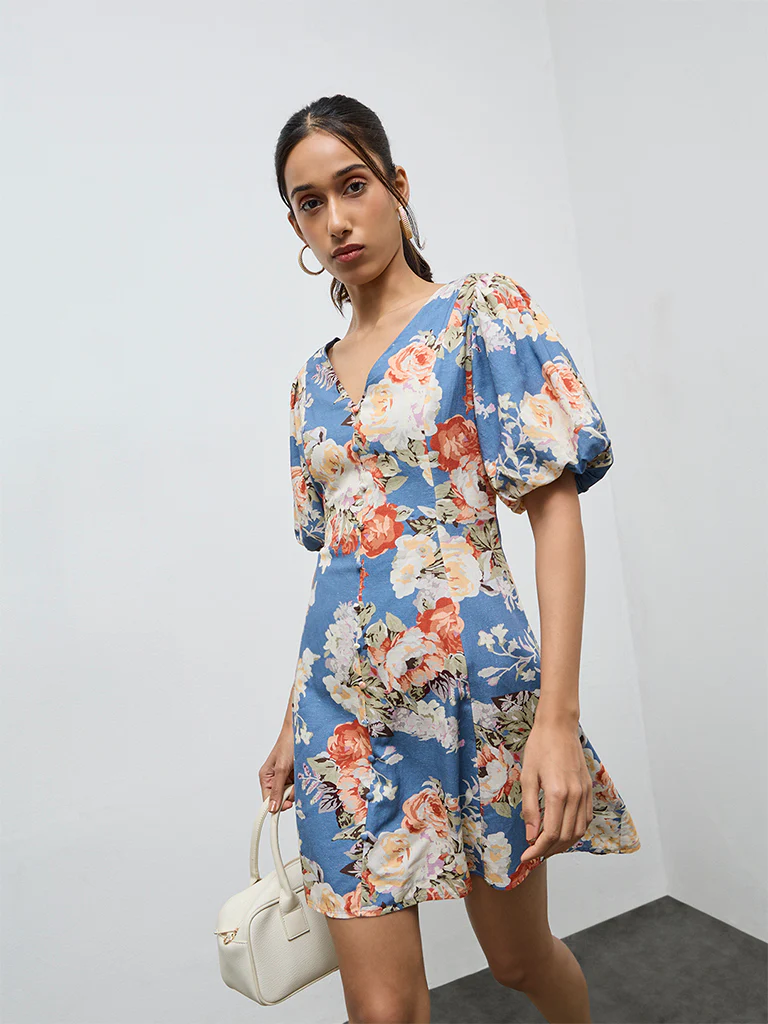 LOV Dusty Blue Floral Pattern A-Line Dress