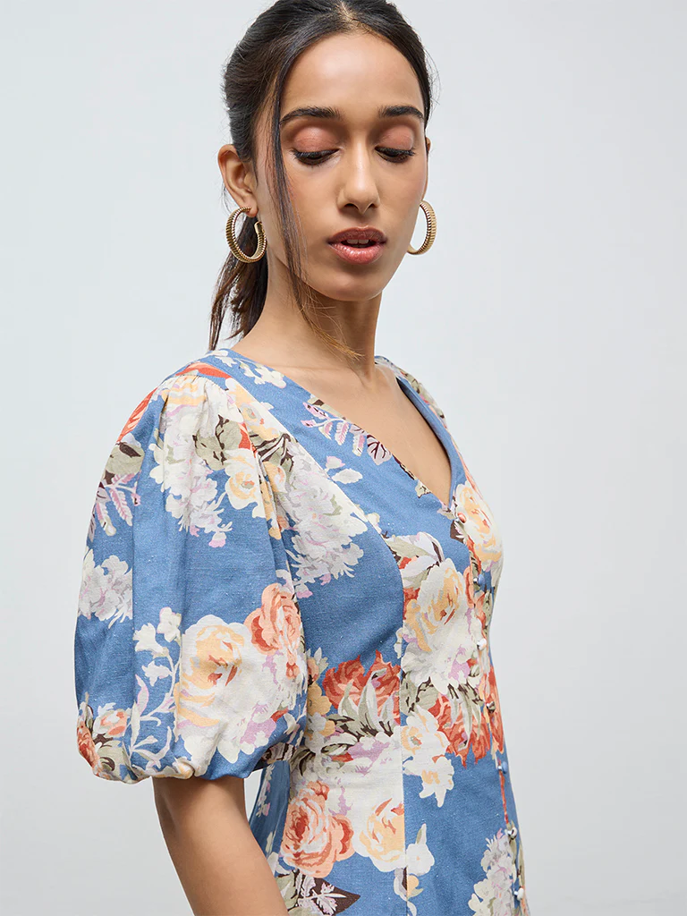 LOV Dusty Blue Floral Pattern A-Line Dress - Image 3