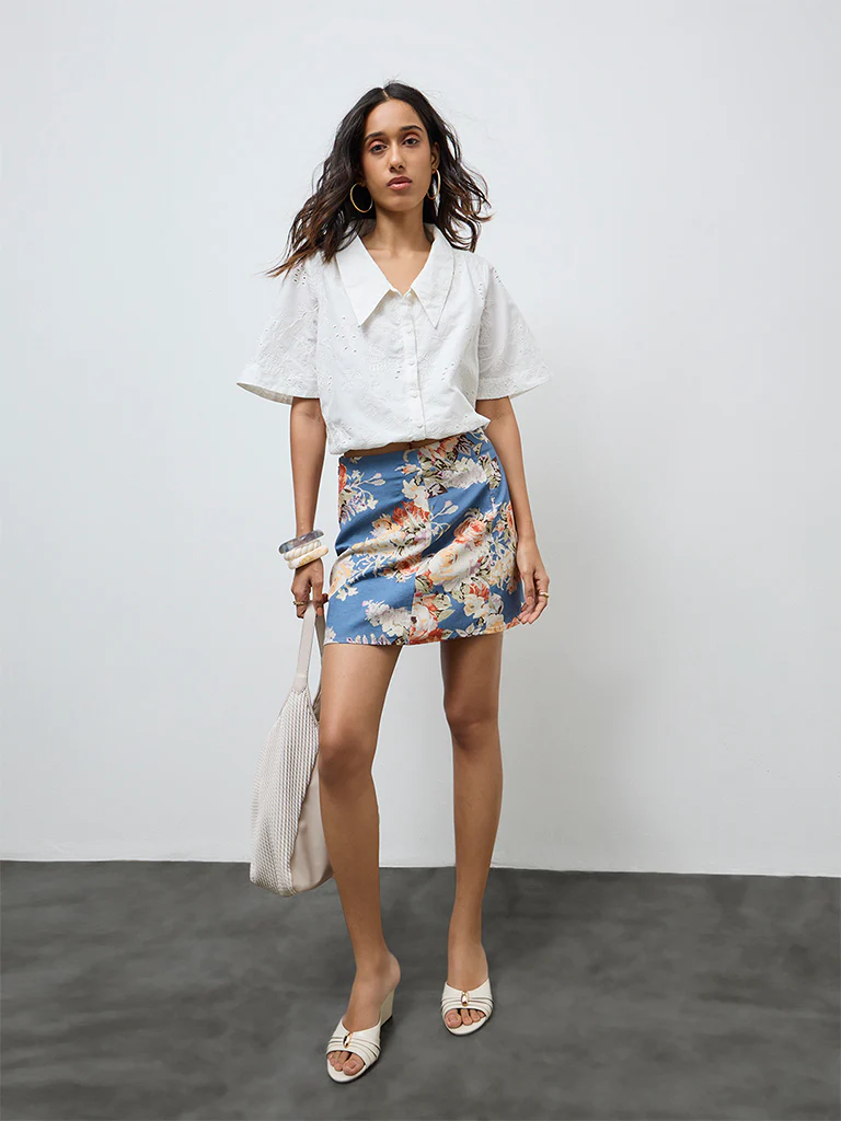 LOV Dusty Blue Floral Pattern High-Rise Skirt