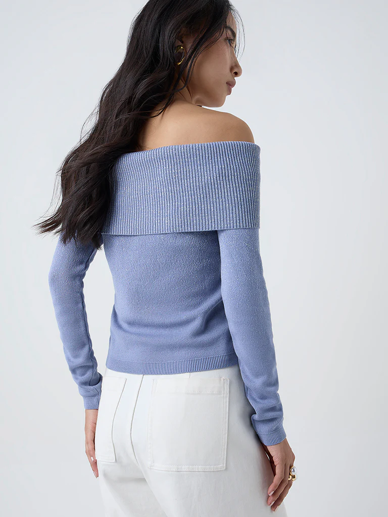 LOV Dusty Blue Knit Textured Off-Shoulder Top - Image 4