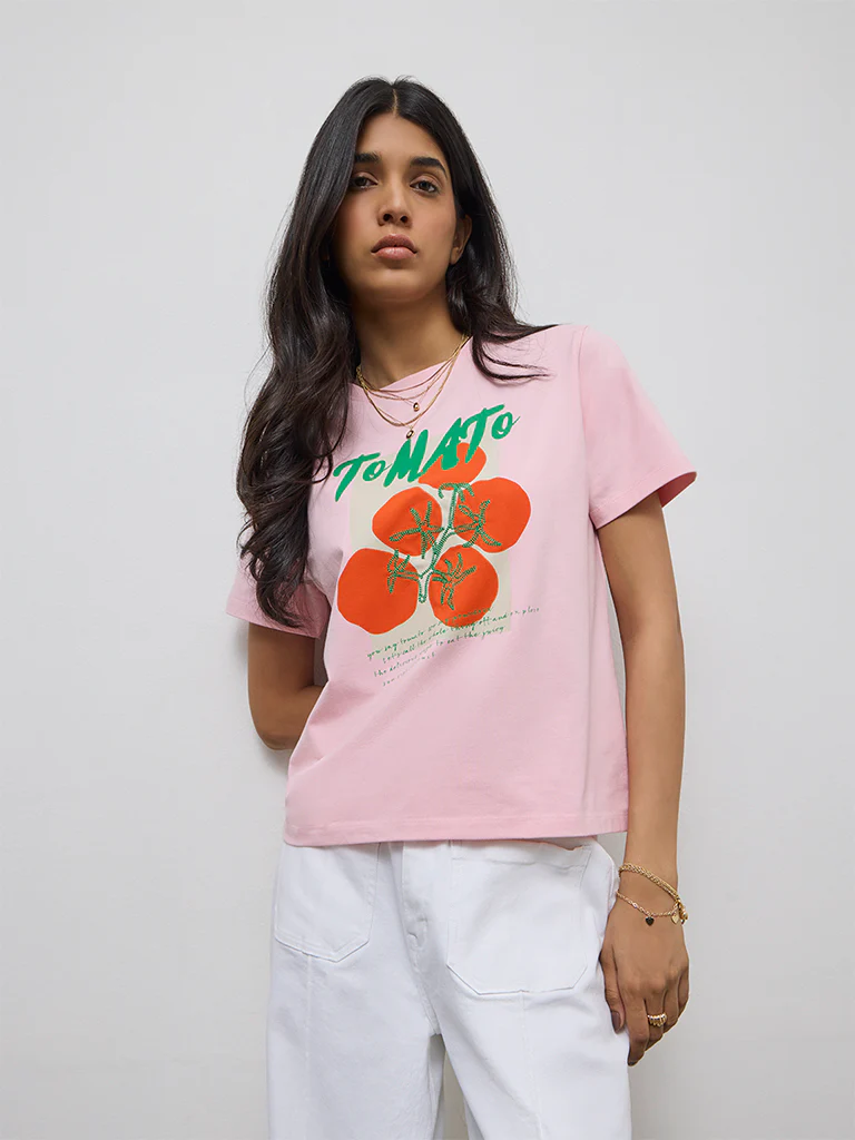 LOV Dusty Pink Graphic Printed Cotton-Blend T-Shirt