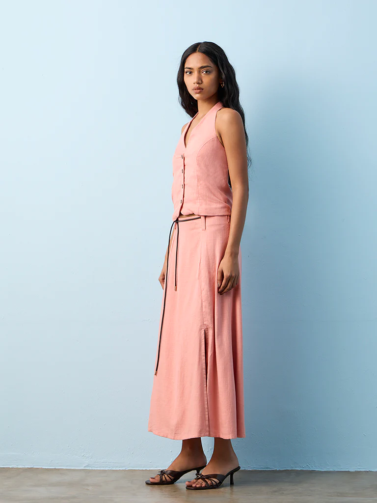 LOV Dusty Pink Solid High-Rise Linen-Blend Skirt