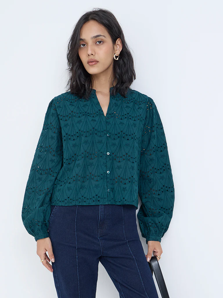 LOV Green Schiffli Embroidered Cotton Blouse - Image 2