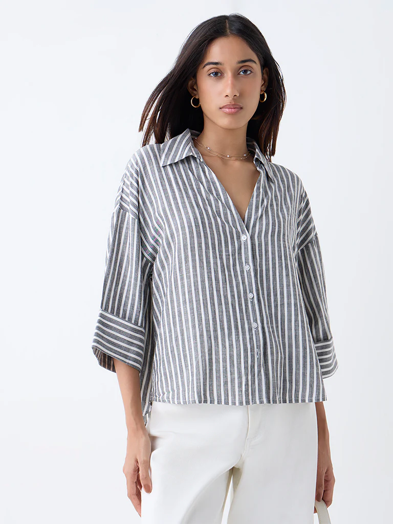 LOV Grey Stripe Printed Blouse