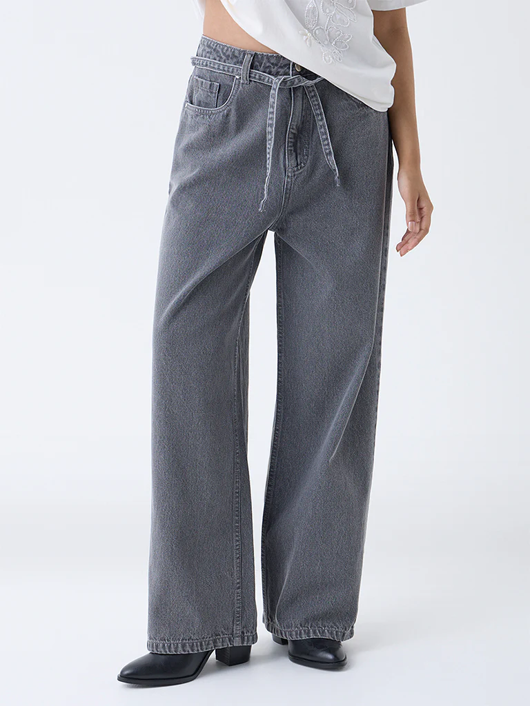 LOV Grey Wide-Leg High-Rise Jeans with Belt - Image 2