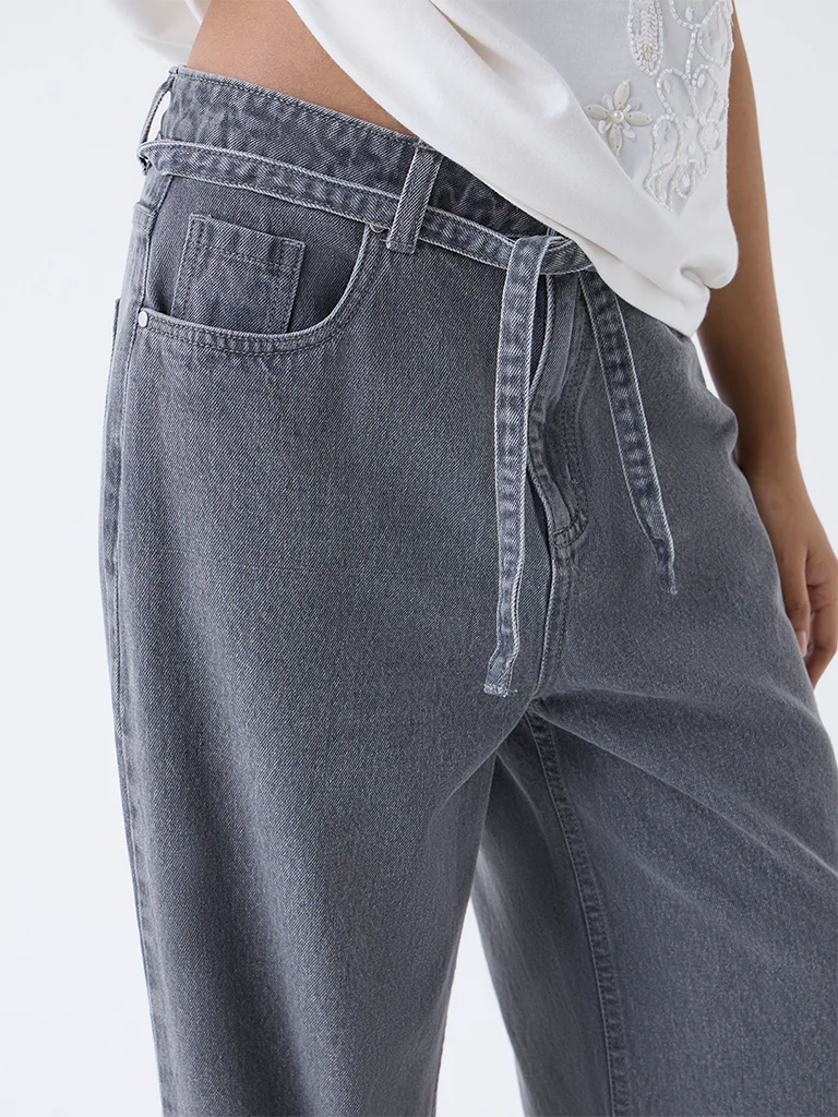LOV Grey Wide-Leg High-Rise Jeans with Belt - Image 3