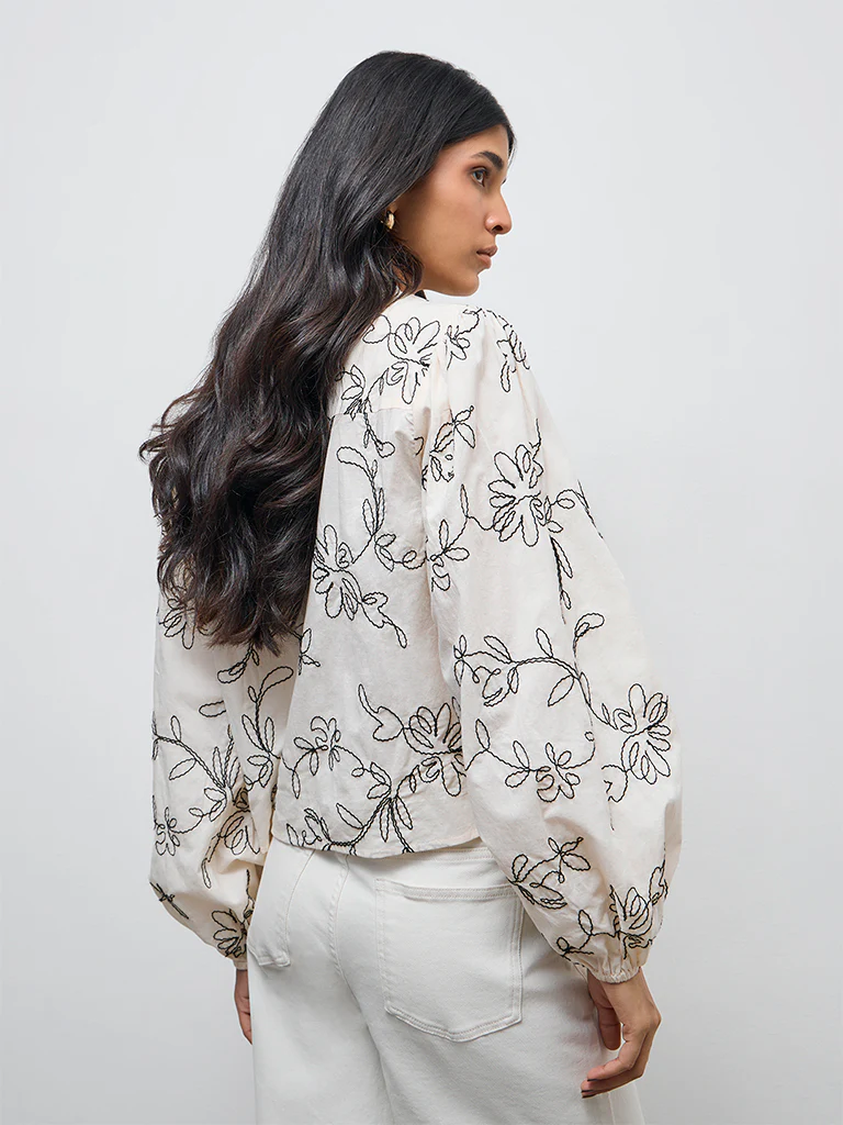 LOV Light Beige Floral Embroidered Cotton Shirt - Image 4