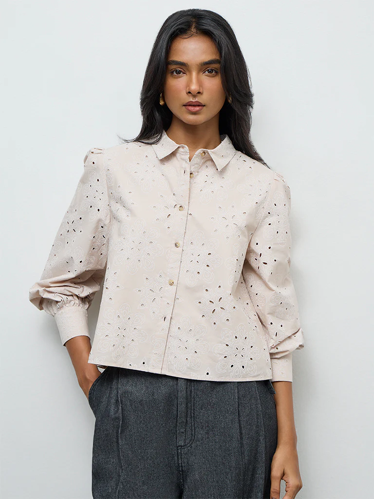 LOV Light Beige Floral Embroidered Cotton Shirt