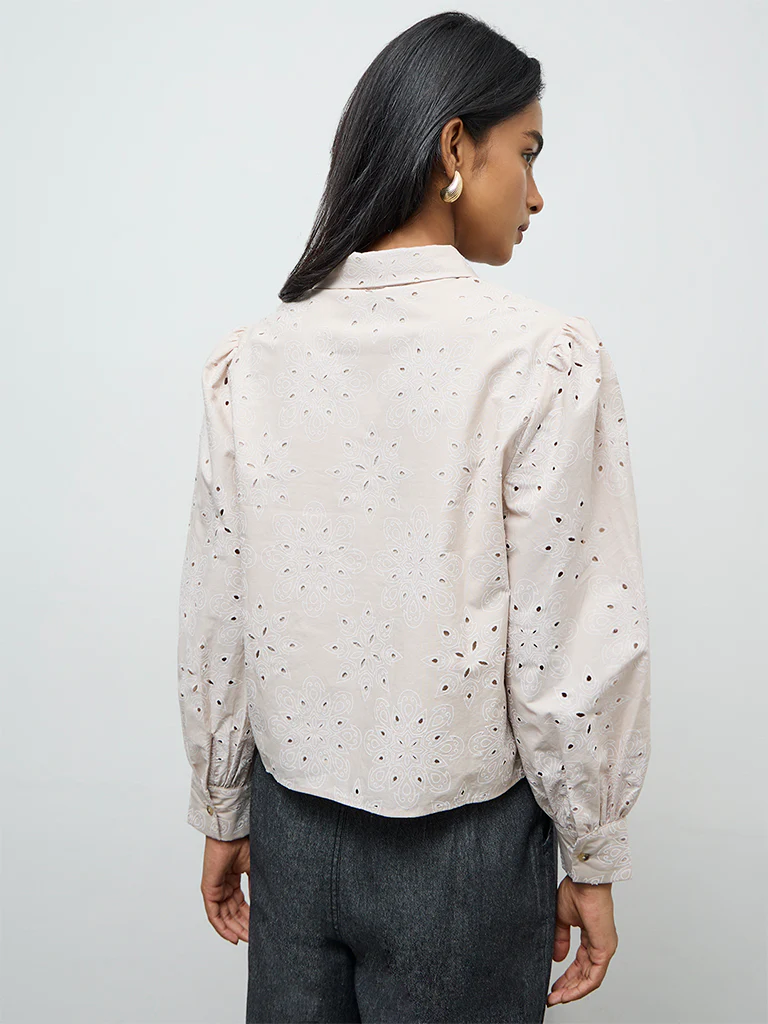 LOV Light Beige Floral Embroidered Cotton Shirt - Image 4