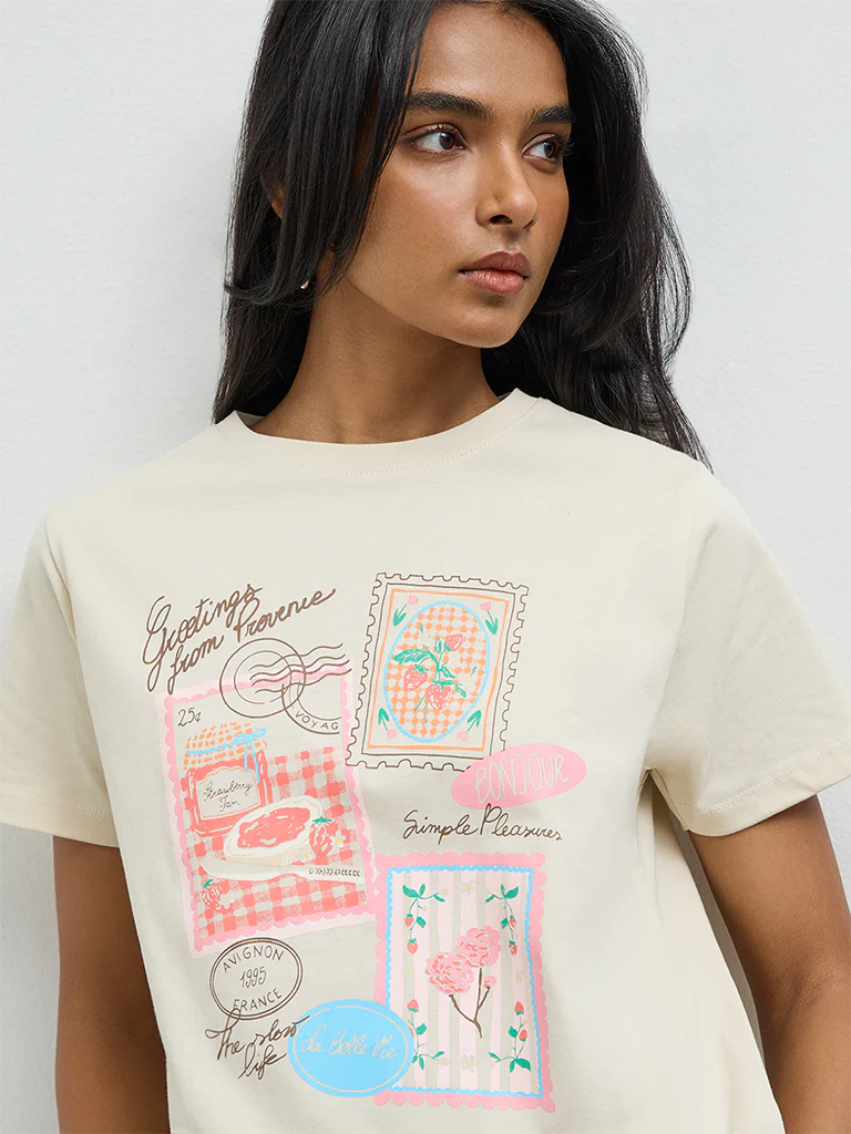 LOV Light Beige Printed Cotton T-Shirt - Image 3