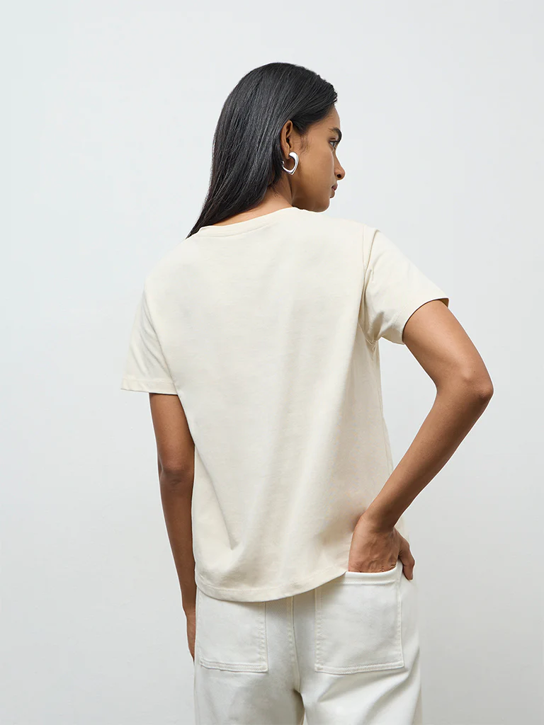 LOV Light Beige Printed Cotton T-Shirt - Image 4
