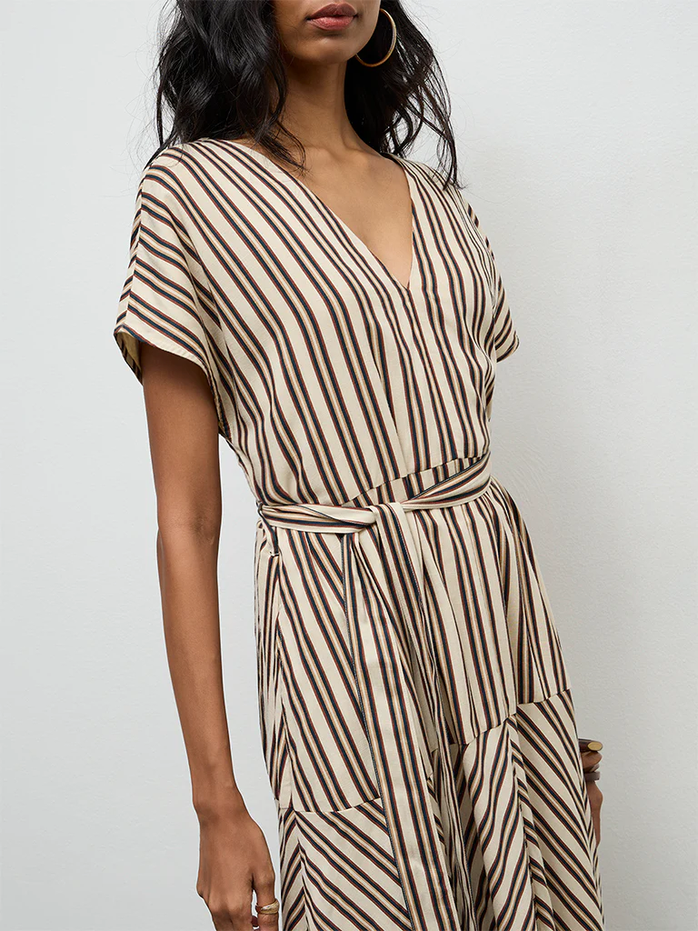 LOV Light Beige Striped A-Line Dress with Belt - Image 3