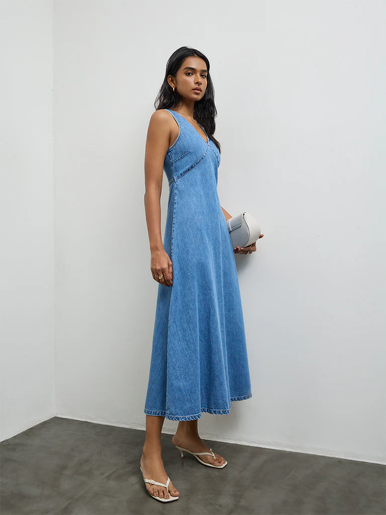 LOV Light Blue Denim A-Line Dress