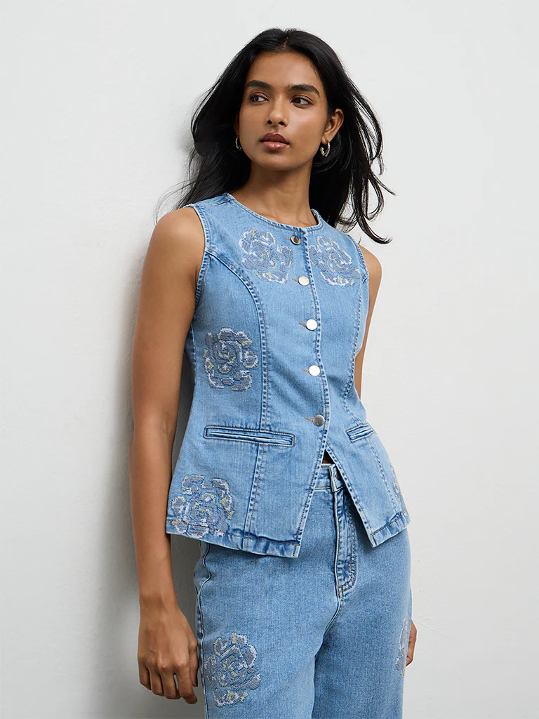 LOV Light Blue Floral Embroidered Denim Top