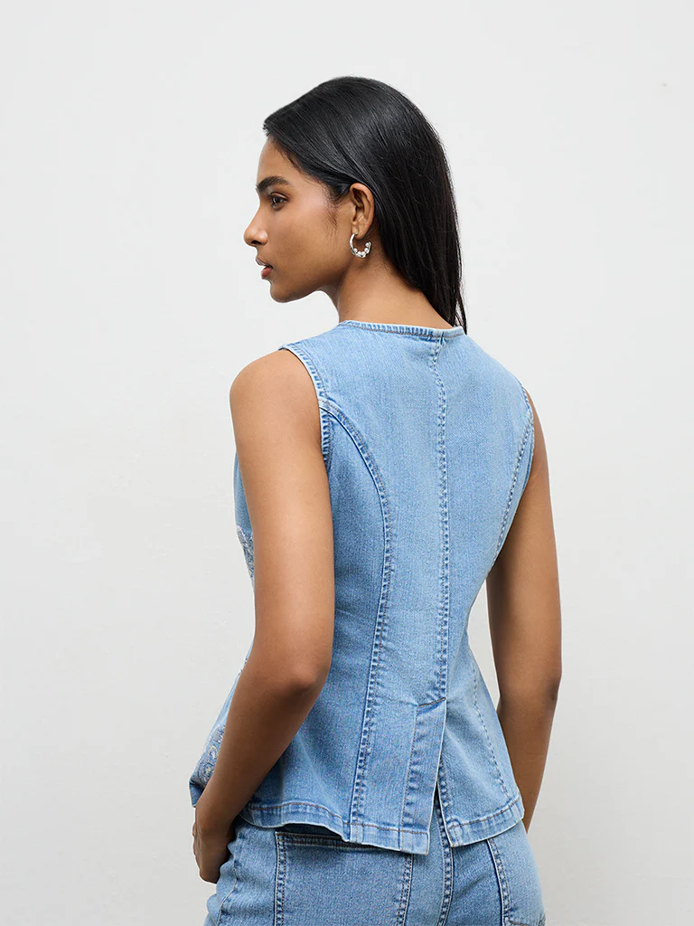 LOV Light Blue Floral Embroidered Denim Top - Image 4