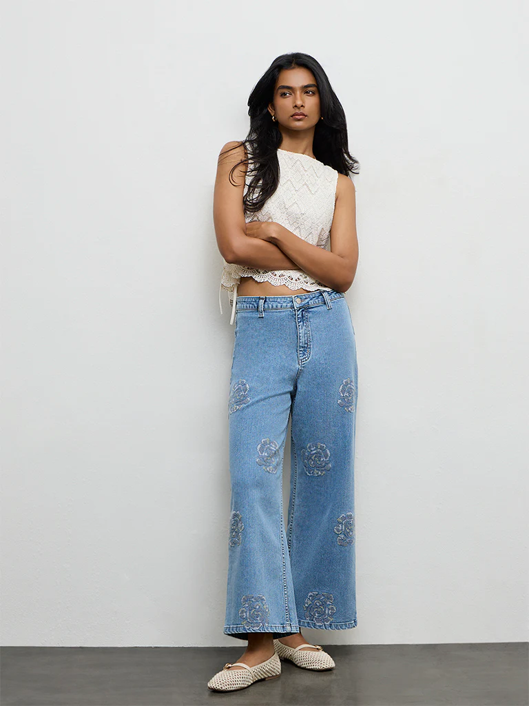 LOV Light Blue Floral Embroidered Low-Rise Jeans