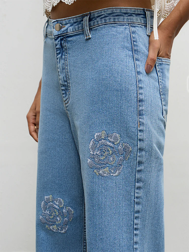 LOV Light Blue Floral Embroidered Low-Rise Jeans - Image 3