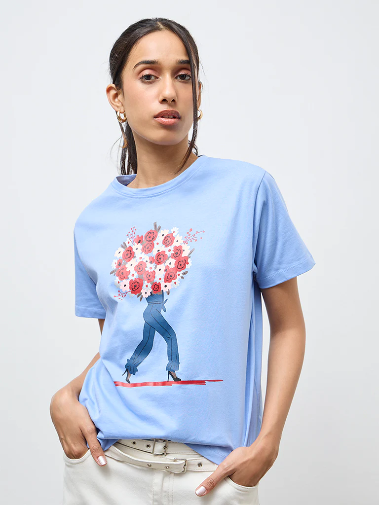LOV Light Blue Graphic Cotton T-Shirt