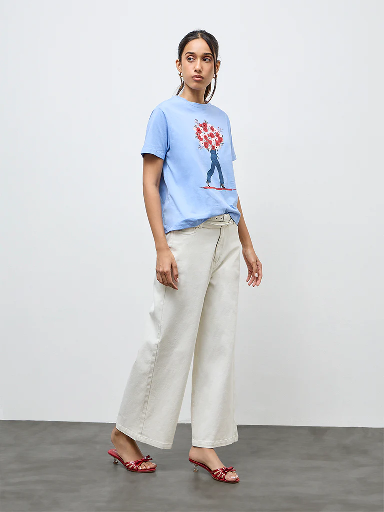 LOV Light Blue Graphic Cotton T-Shirt - Image 2