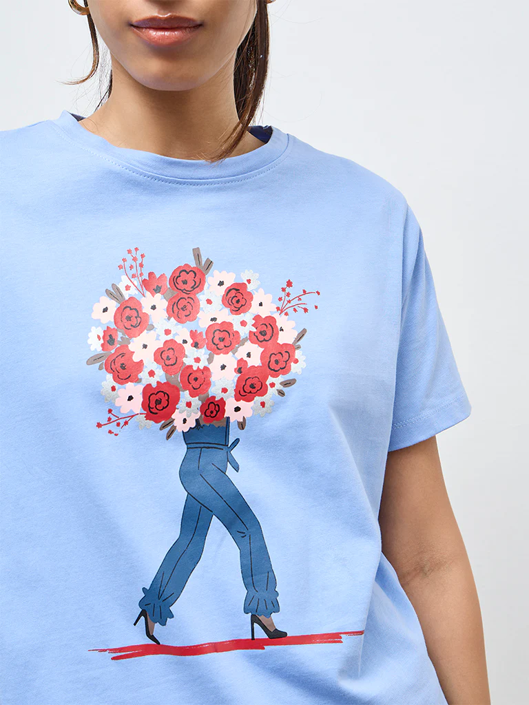 LOV Light Blue Graphic Cotton T-Shirt - Image 3
