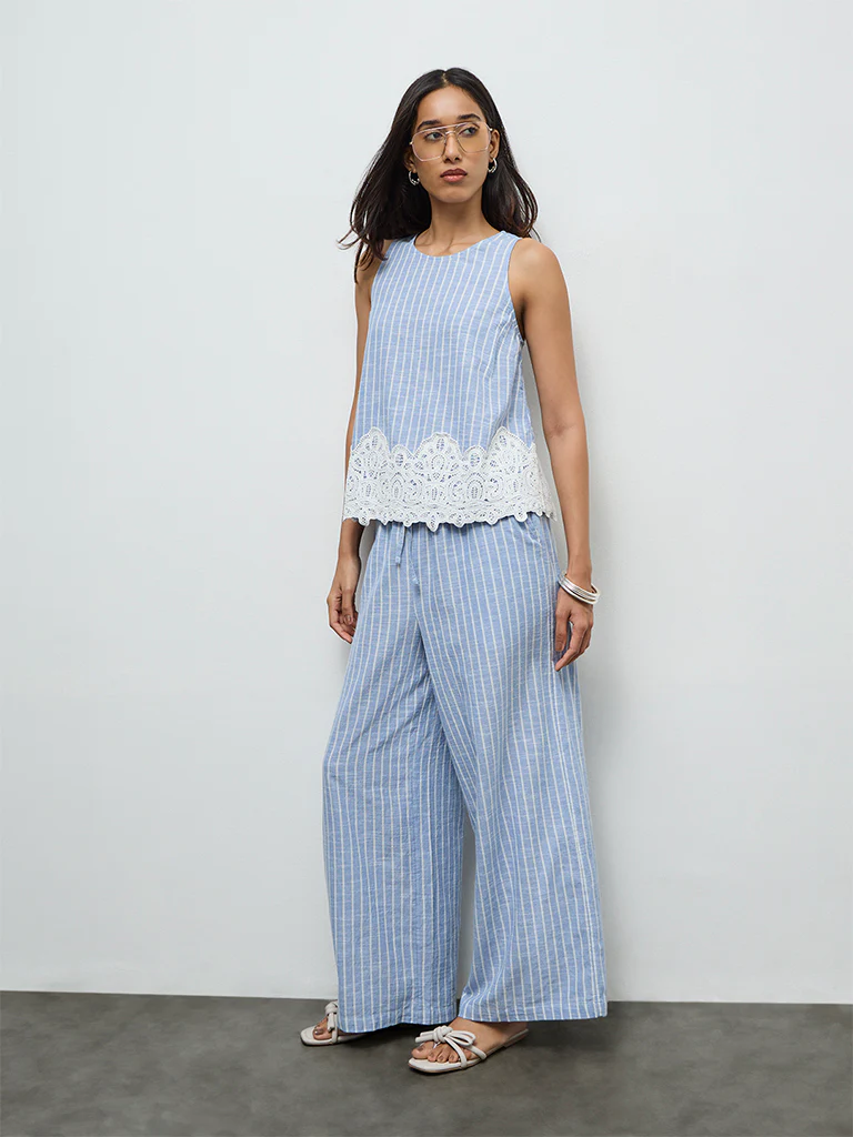 LOV Light Blue Striped High-Rise Cotton Pants